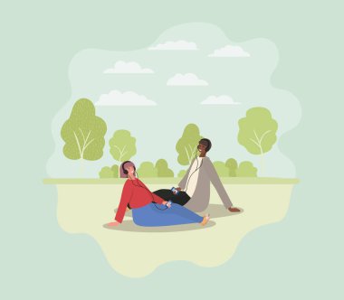 Park vektör tasarımında akıllı telefonları olan kız ve erkek.