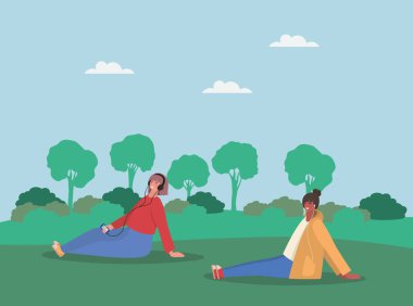 Park vektör tasarımında akıllı telefonları olan kızlar