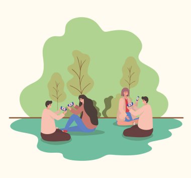 Park vektör tasarımında akıllı telefonları olan kızlar ve oğlanlar