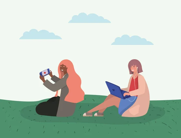 Meisjes met smartphone en laptop bij park vector design — Stockvector