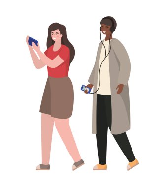 Akıllı telefon vektör tasarımlı kız ve erkek.