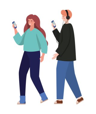 Akıllı telefon vektör tasarımlı kız ve erkek.