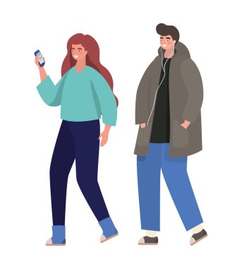 Akıllı telefon vektör tasarımlı kız ve erkek.