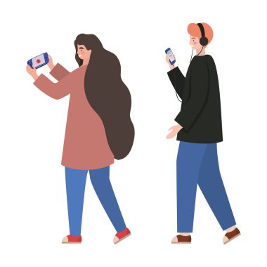 Akıllı telefon vektör tasarımlı kız ve erkek.