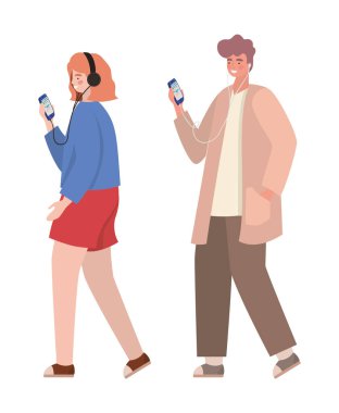 Akıllı telefon vektör tasarımlı kız ve erkek.