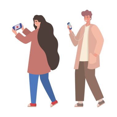 Akıllı telefon vektör tasarımlı kız ve oğlan