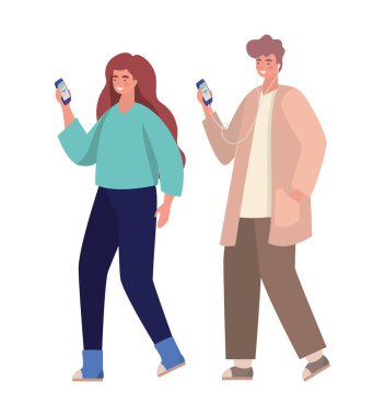 Akıllı telefon vektör tasarımlı kız ve erkek.