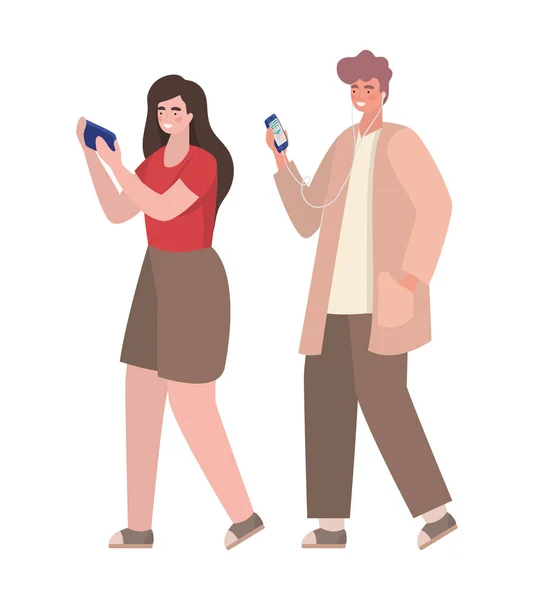 Boy and girl with smartphones vector design — Stock Vector