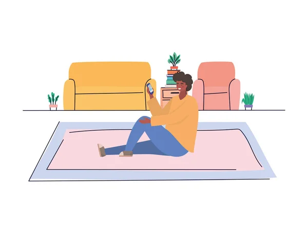 Garçon avec smartphone à la maison design vectoriel — Image vectorielle