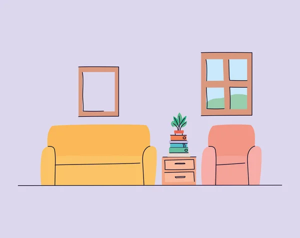 Salón con sofá y silla de diseño vectorial — Vector de stock