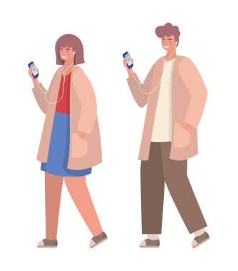 Akıllı telefon vektör tasarımlı kız ve erkek.