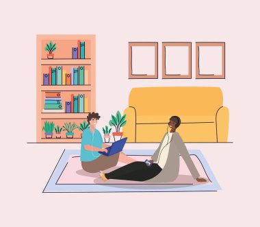 Akıllı telefon ve dizüstü bilgisayarı olan çocuklar ev vektör tasarımında