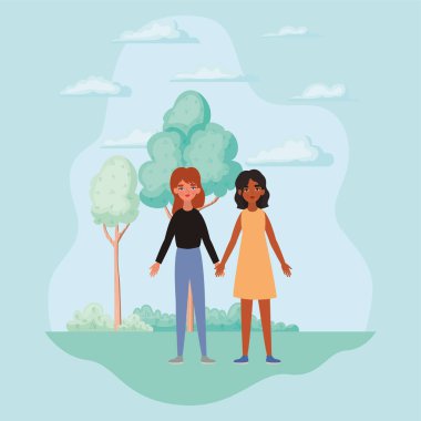 El ele tutuşan kadınlar ağaçlar çalılar ve bulut tasarımı