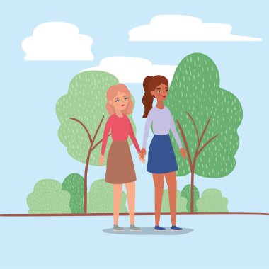 El ele tutuşan kadınlar ağaçlar çalılar ve bulut tasarımı