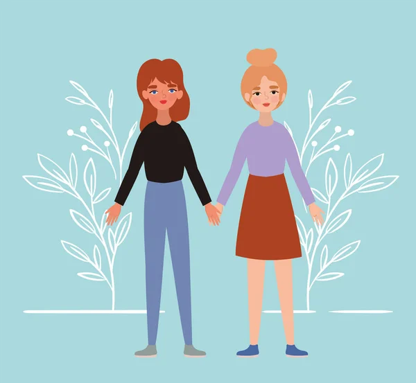 Women holding hands at park and leaves vector design — Stock Vector