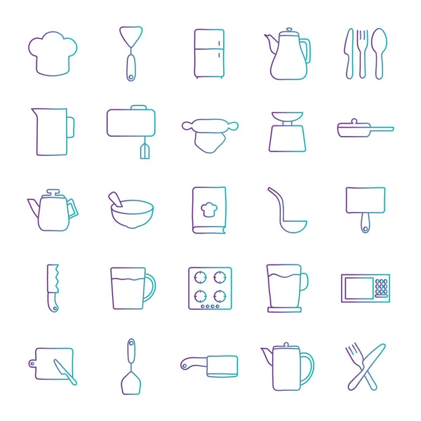 Cook and kitchen decorative elements gradient style icon set vector design — Stock Vector