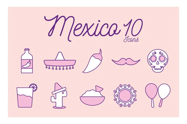 10 meksykański styl linii ikona zestaw wektor projekt — Wektor stockowy