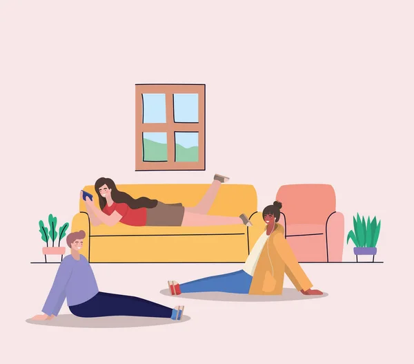 Filles et garçons avec smartphone au design vectoriel à la maison — Image vectorielle