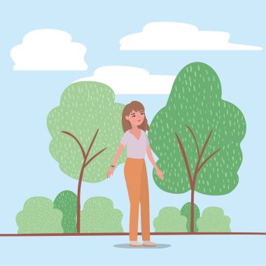 Avatar kadın ağaçlar çalılar ve bulut vektör tasarımı