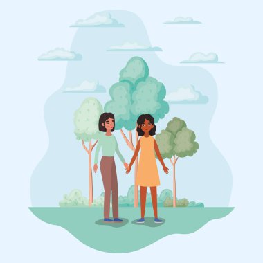 El ele tutuşan kadınlar ağaçlar çalılar ve bulut tasarımı