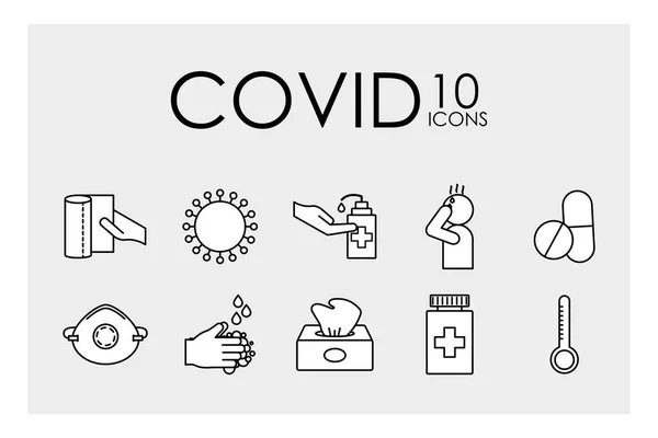 10 diseños Covid 19 línea estilo icono conjunto de vectores — Vector de stock