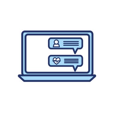 Laptop çizgisi içindeki sağlık ve biçim ikon vektör tasarımı hakkında haberleşme baloncukları
