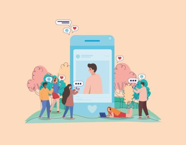 Çocuk, ağaç kabarcıklarını ve akıllı telefon vektör tasarımlı insanları resmediyor