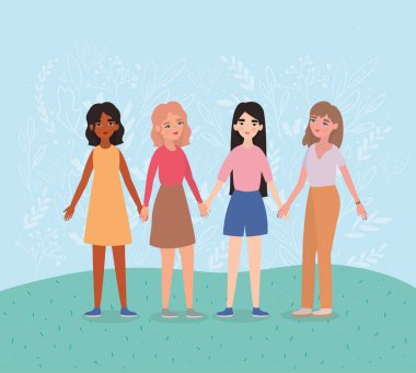 Parkta el ele tutuşan ve vektör tasarımını bırakan kadınlar