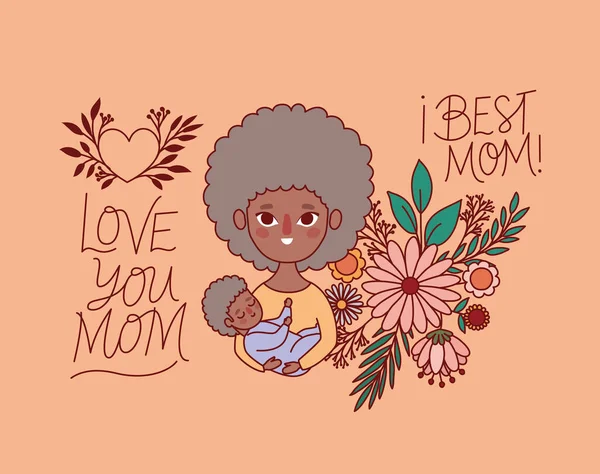 Dibujos animados de madre y bebé con flores y hojas diseño vectorial — Vector de stock