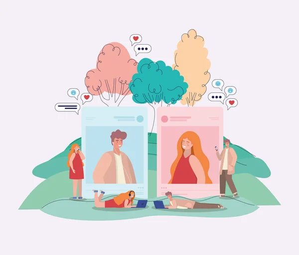 Bubbles d'arbres d'image de fille et de garçon et personnes avec la conception vectorielle de smartphones — Image vectorielle