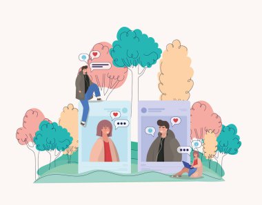 Kız ve oğlan ağaçların kabarcıklarını ve insanların vektör tasarımını resmeder