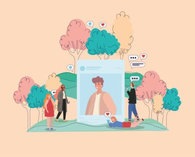 Çocuk, ağaç kabarcıklarını ve akıllı telefon vektör tasarımlı insanları resmediyor