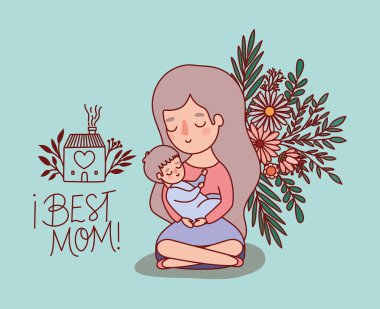 Çiçekli ve vektör tasarımlı anne ve bebek çizgi filmi