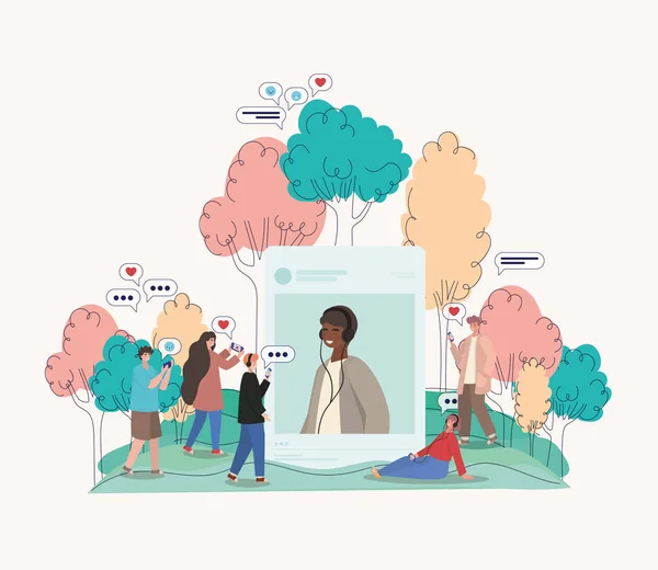 Boy bild träd bubblor och människor med smartphones vektor design — Stock vektor