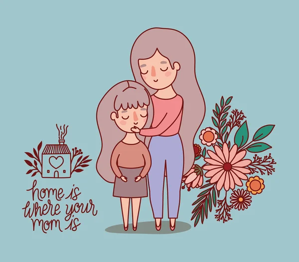 Matka a dcera karikatura s květinami a listy vektorový design — Stockový vektor