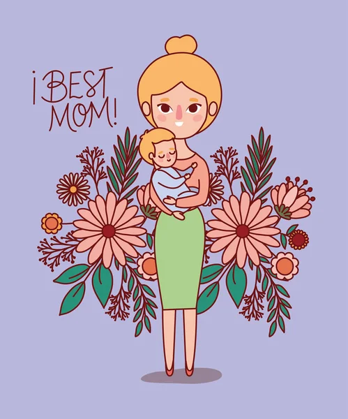 Matka a dítě karikatura s květinami a listy vektorový design — Stockový vektor