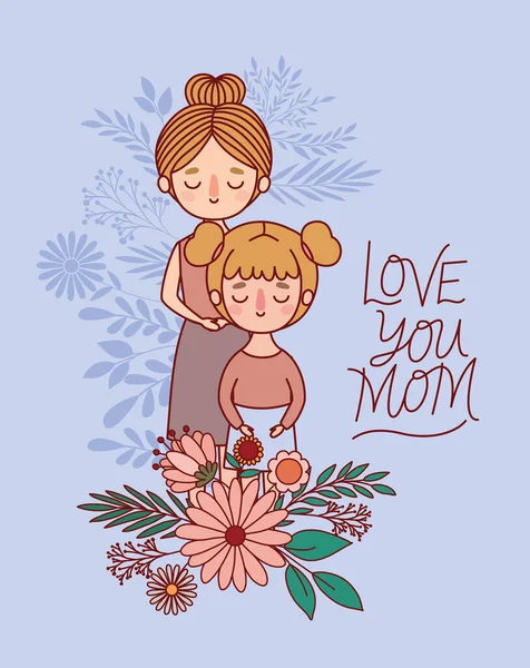 Dibujos animados madre e hija con flores y hojas diseño de vectores — Vector de stock