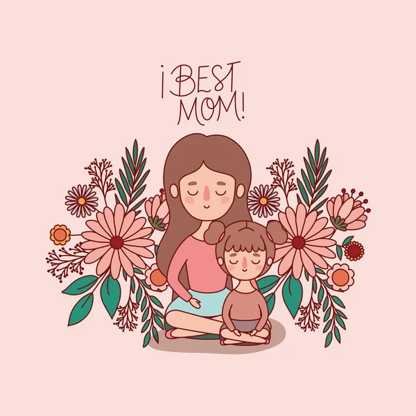 Dibujos animados madre e hija con flores y hojas diseño de vectores — Vector de stock