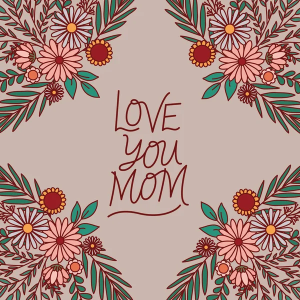 Amor mamá texto con flores y hojas diseño de vectores — Vector de stock