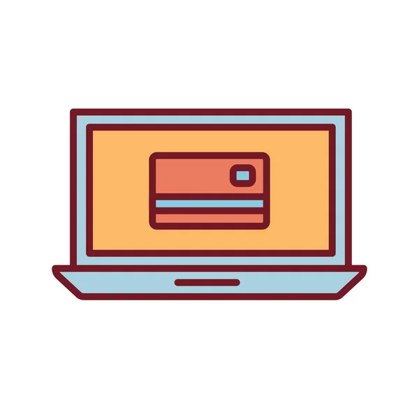 Geïsoleerde geld credit card in laptop lijn en vul stijl pictogram vector ontwerp — Stockvector