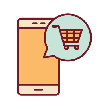 Kabarcık ve akıllı telefon hattı içinde alışveriş arabası ve biçim ikonu vektör tasarımını doldur