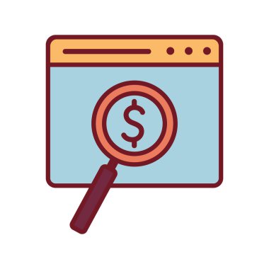 Lupe çizgisi içinde dolar sembolü olan izole edilmiş web sitesi ve biçim ikon vektör tasarımını doldur
