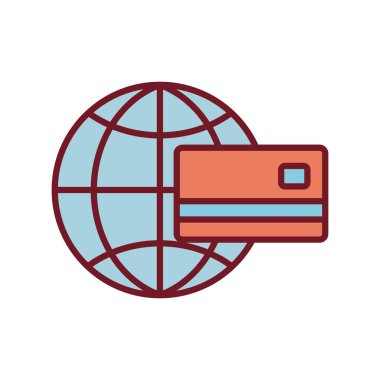 İzole para kredi kartı ve küresel küre hattı ve biçim ikon vektör tasarımı