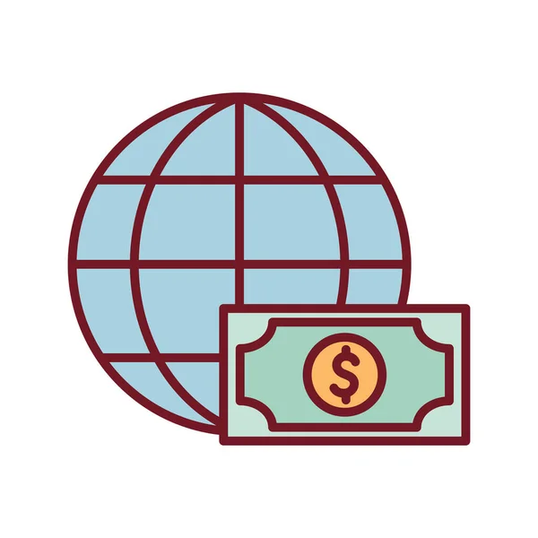 Factura de dinero aislado y línea de esfera global y diseño de vectores de iconos de estilo de relleno — Archivo Imágenes Vectoriales