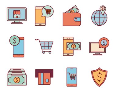 Ödemeler çevrimiçi satır ve biçim simgesi set vektör tasarımı