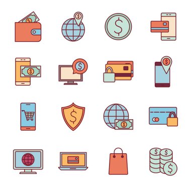 Ödemeler çevrimiçi satır ve biçim simgesi set vektör tasarımı
