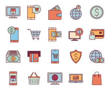 Ödemeler çevrimiçi satır ve biçim simgesi set vektör tasarımı