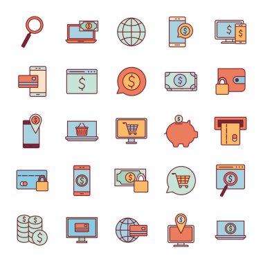 Ödemeler çevrimiçi satır ve biçim simgesi set vektör tasarımı