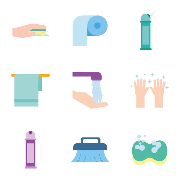 Cleaning service items flat style icon set vector design — Stock Vector