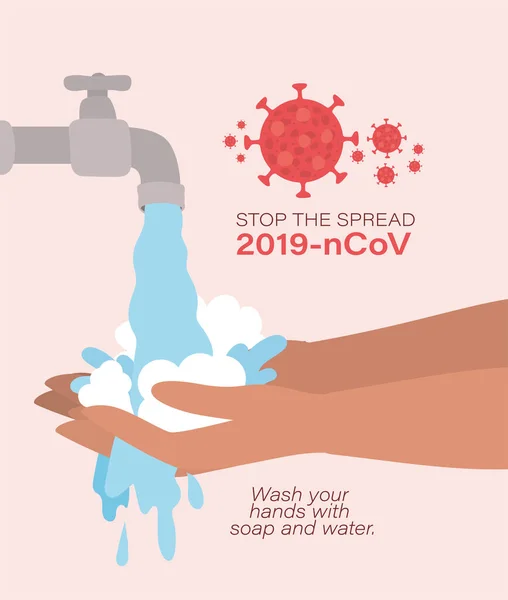 Lavage des mains sous le robinet d'eau et arrêter la propagation avec 2019 conception vectorielle de texte virus ncov — Image vectorielle